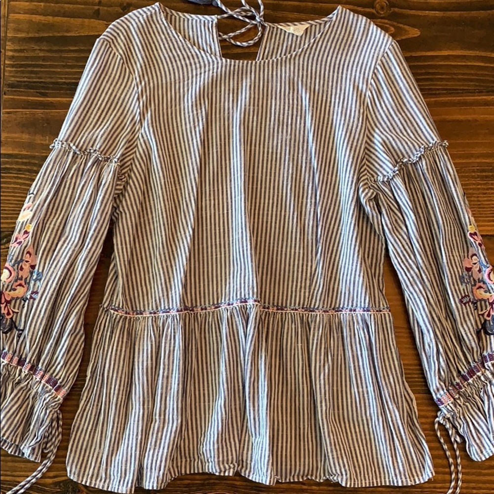 Caslon embroidered blue and white stripe top